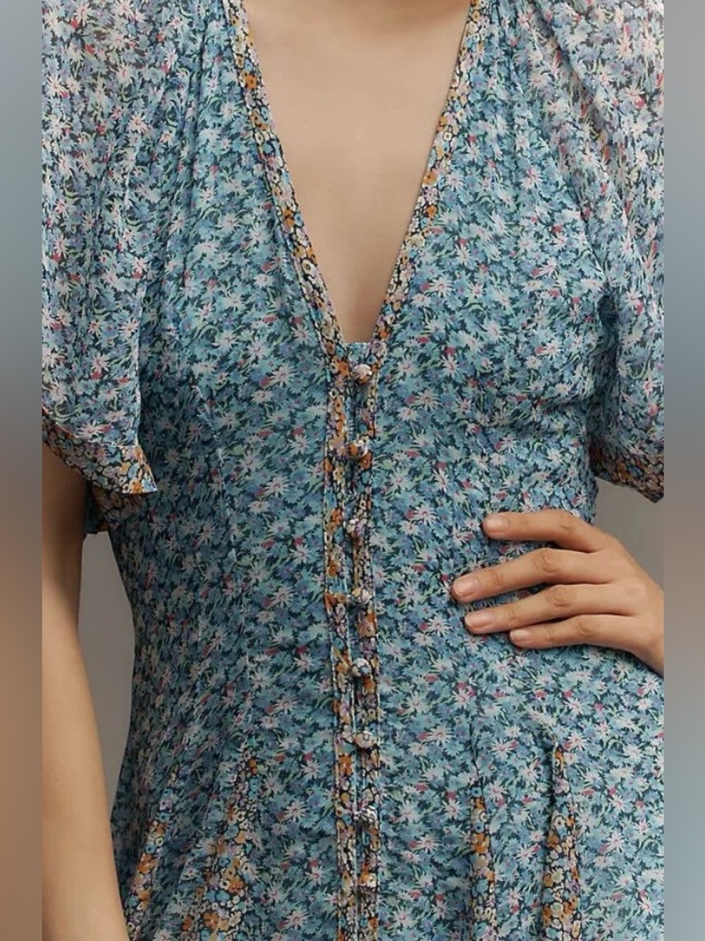 Anthropologie Floral V-Neck Blue Maxi Dress with Button Front size 2 - Picture 4 of 14